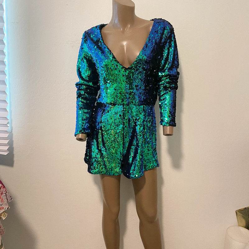 metallic iridescent mermaid all over sequin romper shorts jumpsuit SH2 8008 1