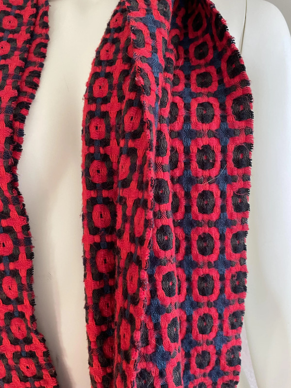 Red Cashmere Scarf with Black and Blue Geometric Design 3