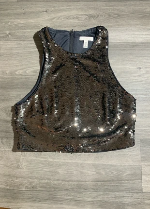 Top noir à sequins H&M M brillant zip arrière, brand: H&M, condition: Very good, size: M / 38 / 10, €11.00, €12.25 includes Buyer Protection