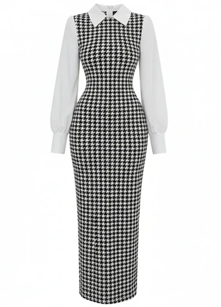 Robe Longue Fourreau Chic Pied-de-Poule Noir & Blanc - Manches Blanches Élégantes, marque: Tendance, état: Très bon état, taille: M / 38 / 10, 44,99 €, 47,94 € Protection acheteurs incluse