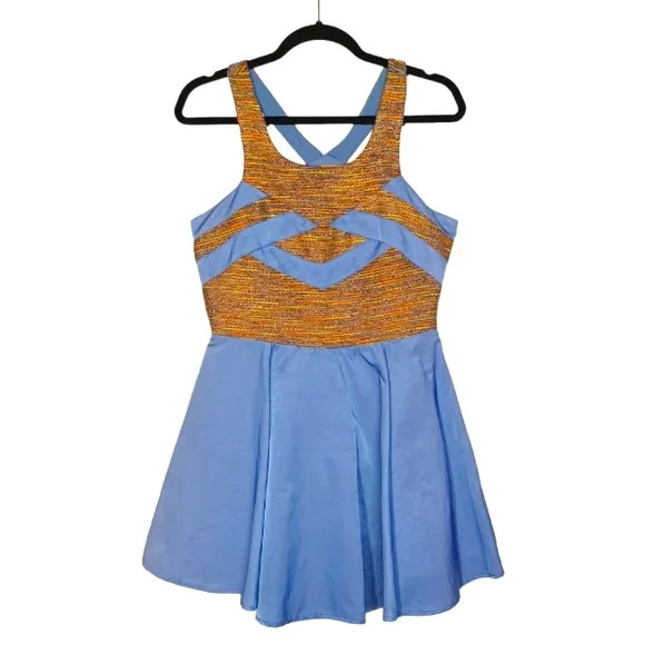 Wish Periwinkle Blue Yellow Orange Tweed Embroidered Sleeveless A-Line Dress S 1