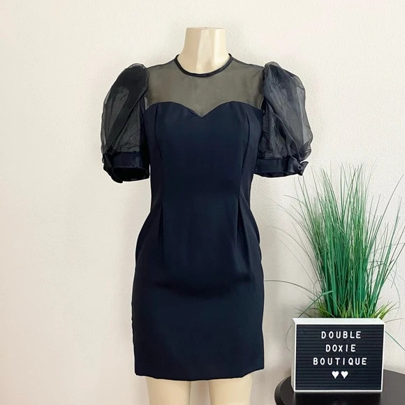 Michael Marcello | Vintage Black Puff Sleeve Mini Dress Sz 3/4 1