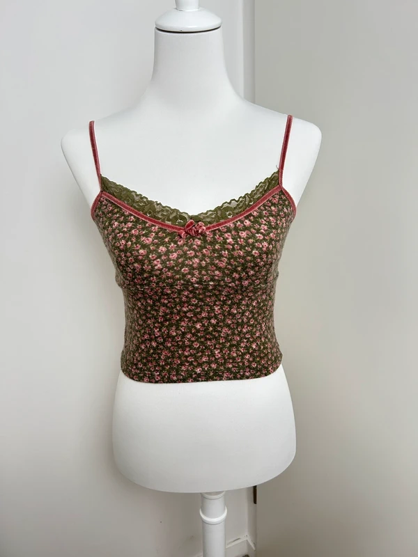 Top vintage y2k fleuri rose/vert Terranova dentelle fine taille S