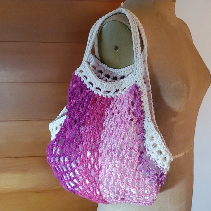 Handmade Market Bag Pink Crochet Fuchsia Shopping Beach Tote Sack Net Cotton 3