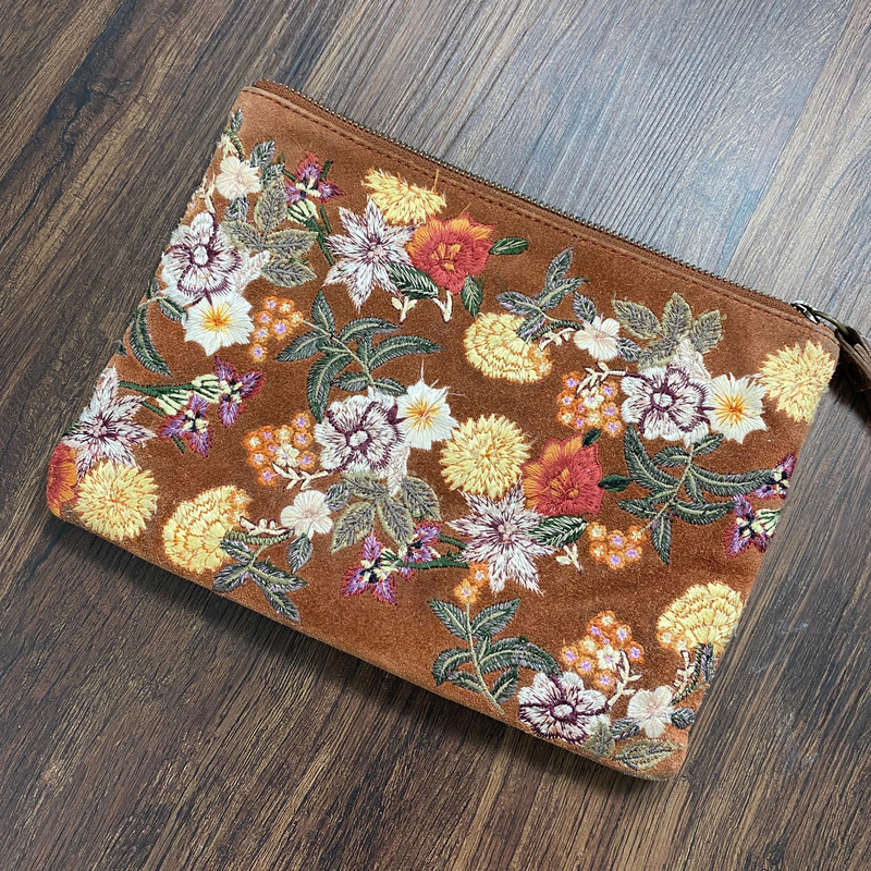 Brown suede leather floral flower embroidered Forrest fairy boho clutch 3