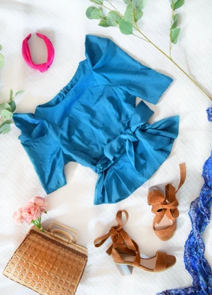 🌸🌿 Blouse vintage 80s satin bleu / turquoise 🌿🌸, marca: Vintage, estado: Muito bom, tamanho: L / 40 / 12, €5.00, €5.95 inclui Proteção do Comprador