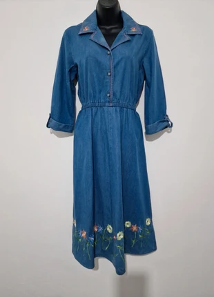 The Tog Shop Petites Vintage Embroidered Denim Dress – UK 8–10, Floral Hem, Pockets, 100% Cotton, brand: the dog shop, condition: Very good, size: M / 10, £26.00, £28.00 includes Buyer Protection