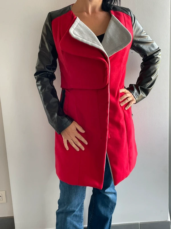 Trench veste bi matière rouge et noir mi saison - photo numéro 2