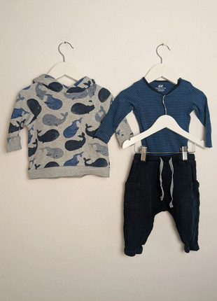 Baby Kelidungsset | 3 Stk. | Body, Musselinhose & Walprint Hoodie | H&M | 74 | Marine, Blau & Grau, brand: H&M, condizioni: Ottime, taglia: 9-12 mesi / 74 cm, €1.80, €2.59 include la Protezione acquisti
