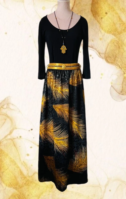 🖤Jupe longue noire doré vintage 80/90 made in France Boho chic flowing long skirt🖤 - photo numéro 3