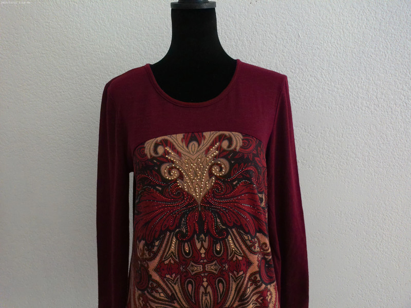Dark Plum floral Long sleeve blouse, with gold, silver and red 2
