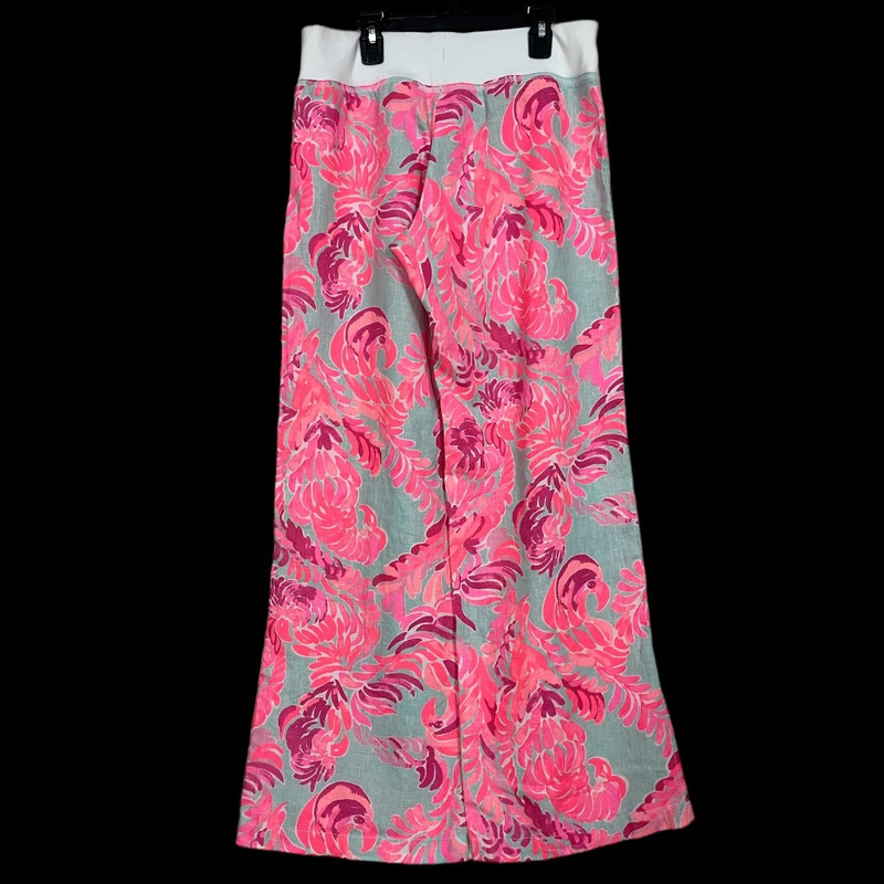 Lilly Pulitzer Pink and Gray Drawstring Waist Wide Leg Linen Beach Pants Medium 4