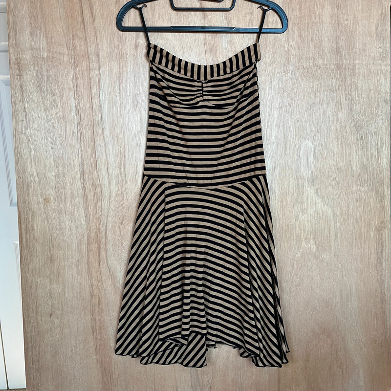 Lucy Love Black/Tan Striped Strapless Soft Knit Asymmetric Hem Sundress Small S 1