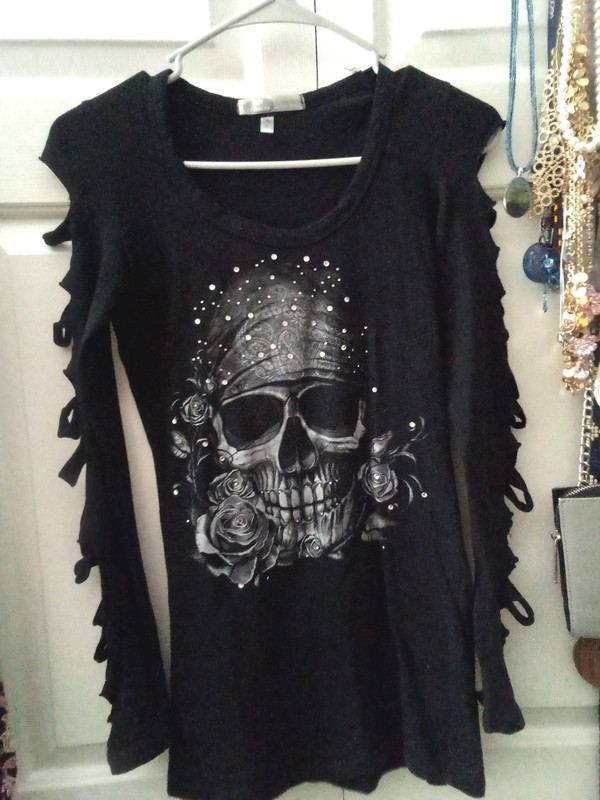 Rhinestone skull, cut out sleeves top, small 1