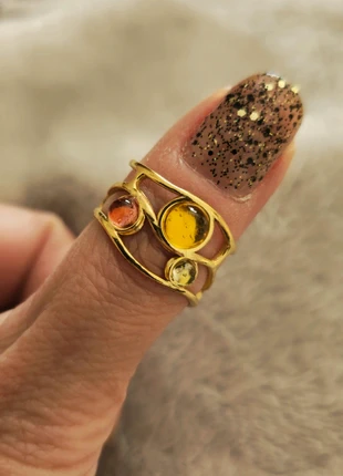 Stainless Steel Open Ring with Inlaid Stones, geometric desig💚🧡, brand: Stainless steel, condition: Very good, size: Adjustable, £11.00, £12.25 includes Buyer Protection Pro