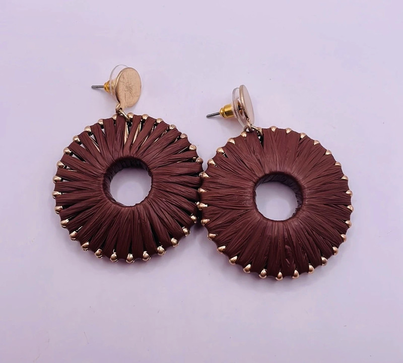 Vintage Gold Tone Brown Rattan Circle Disc Dangle Drop Statement Earrings 2