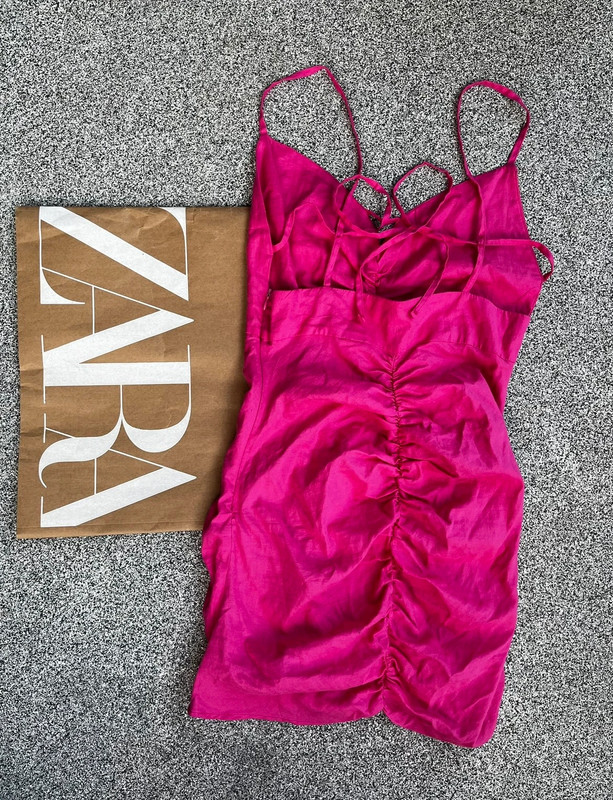 ZARA krótka różowa drapowana sukienka mini sexy koraliki ramiączka odkryte plecy len wiskoza S 4