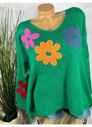💐 Oversize Strickpullover Damen flauschig mit Blumen Kidmohair grün 38 40 42, merk: Made In Italy, staat: Heel goed, maat: Universele maat, € 26,00, € 28,00 inclusief Kopersbescherming