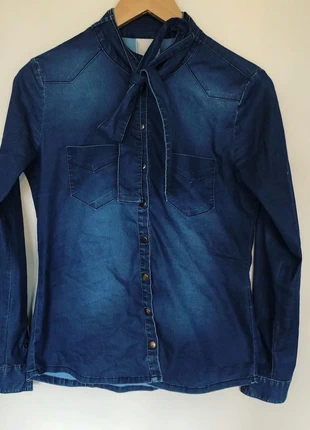 PBO stretch shirt / denim look, with pussy bow, brand: PBO, condition: New without tags, size: S / 8, £17.00, £18.55 includes Buyer Protection