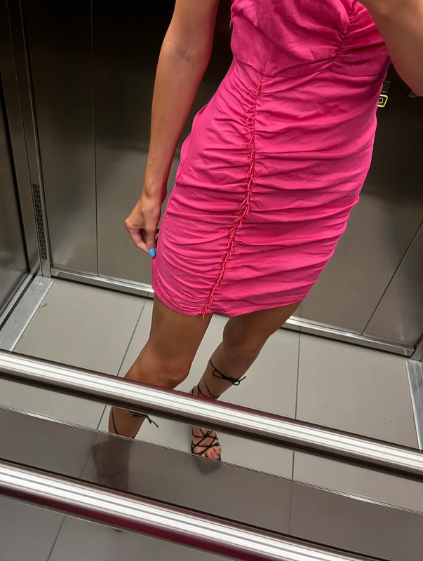 ZARA krótka różowa drapowana sukienka mini sexy koraliki ramiączka odkryte plecy len wiskoza S 1