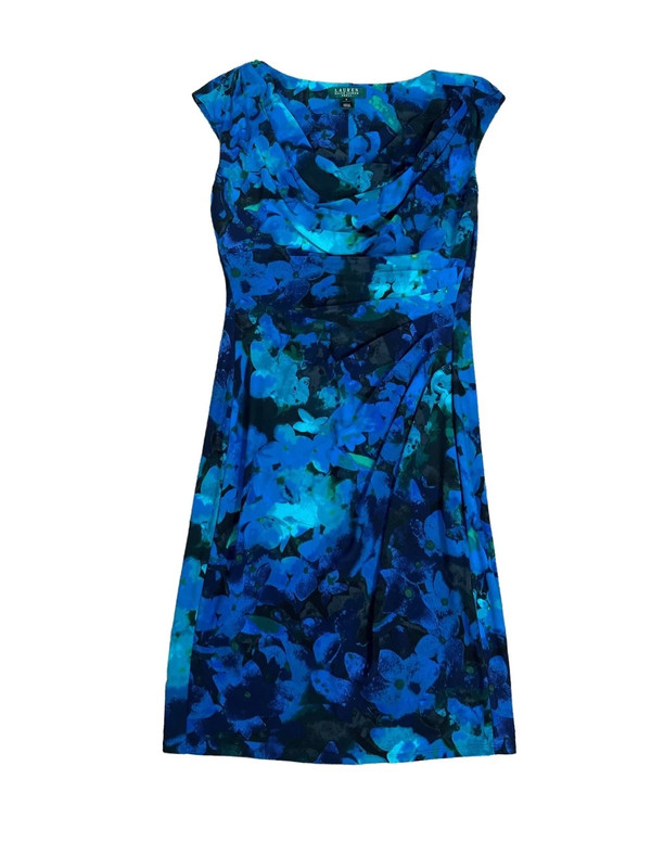 Ralph Lauren Blue Floral Cowl Drape Neck Side Ruched Sleeveless Dress Women’s 8 1