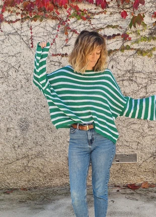 Pull vintage en mailles ajourées vert en blanc manches larges stylé kimono, marke: Nais, zustand: Gut, größe: M / 38 / 10, 23,00 €, 24,85 € inklusive Vinted-Käuferschutz