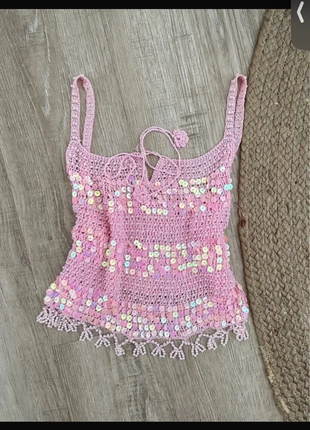 Vintage Hakel Sequin Top in Rosa mit Pailletten & Perlen - Boho / Ibiza Chic, marca: CHIC, estado: Nuevo con etiquetas, tamaño: S / 36 / 8, 40,00 €, 42,70 € Protección al comprador incluida