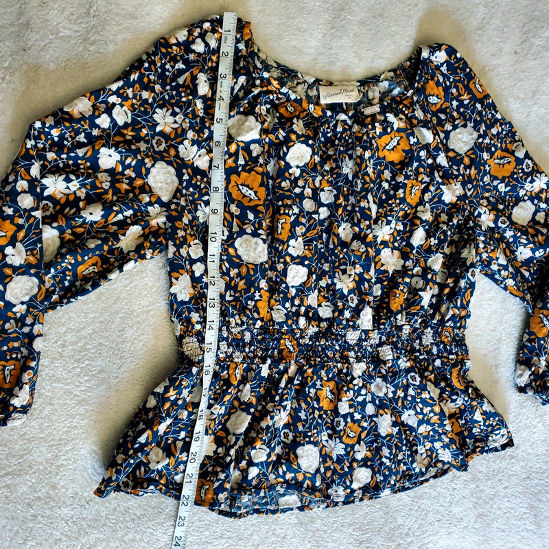 Universal Thread Women Blue Gold Floral Peplum Blouse Top Large 5