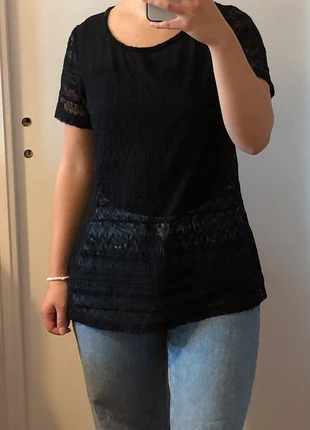 Haut noir en dentelle transparent avec col en perle, brand: Vintage, condition: Very good, size: L / 40 / 12, €3.00, €3.85 includes Buyer Protection