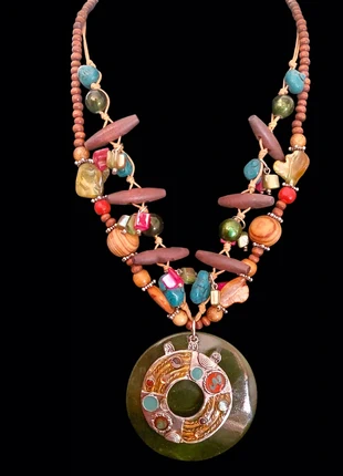 Collier ethnique multicolore avec pendentif – 32 cm – perles fantaisie & bois, marca: Inconnu, estado: Muito bom, €25.00, €26.95 inclui Proteção do Comprador