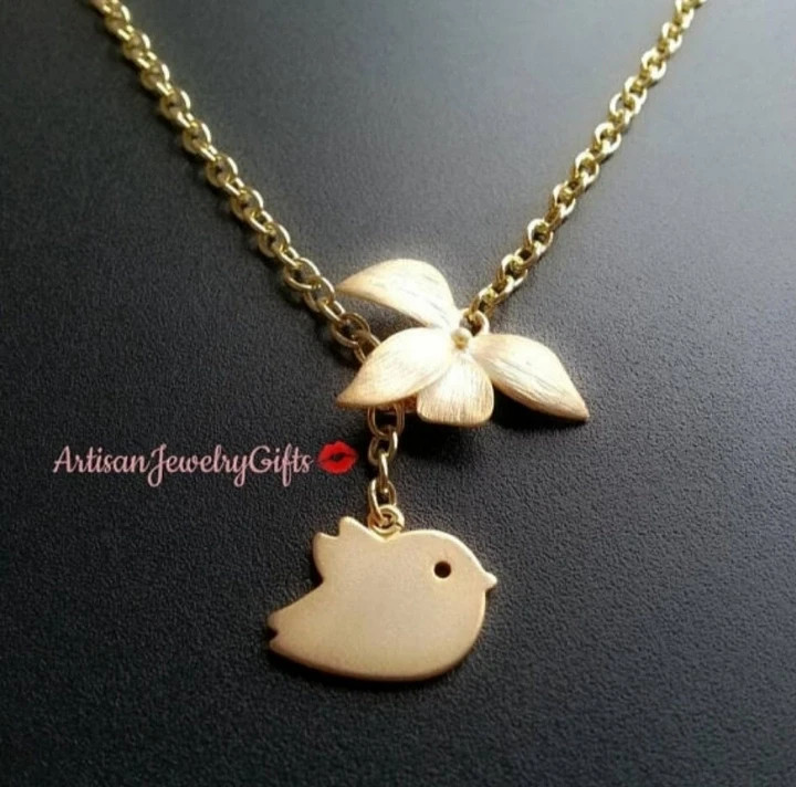 Matte Gold Bird Orchid Lariat Necklace 3