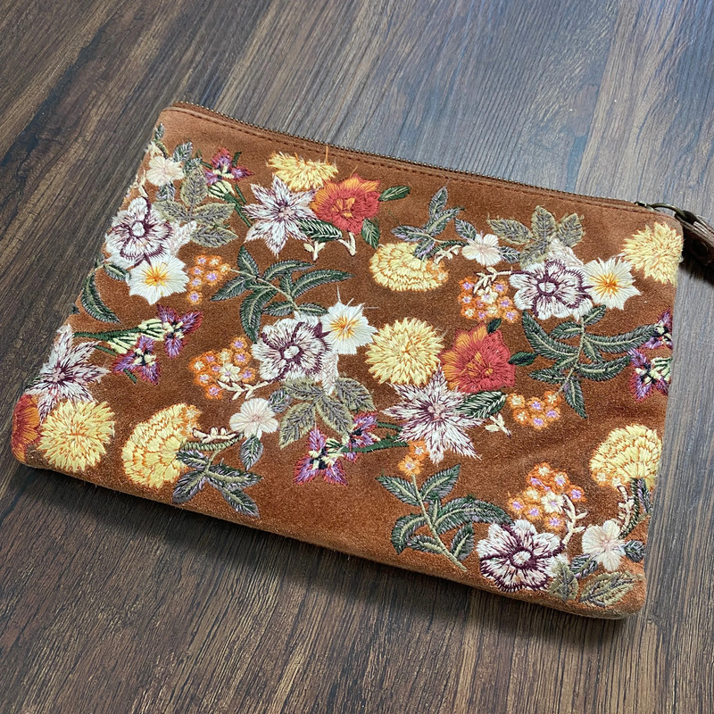 Brown suede leather floral flower embroidered Forrest fairy boho clutch 4