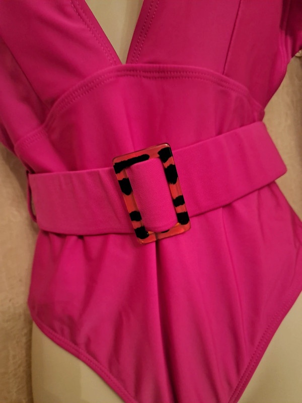 Hot pink one piece belted swimsuit bathing suit size large 3