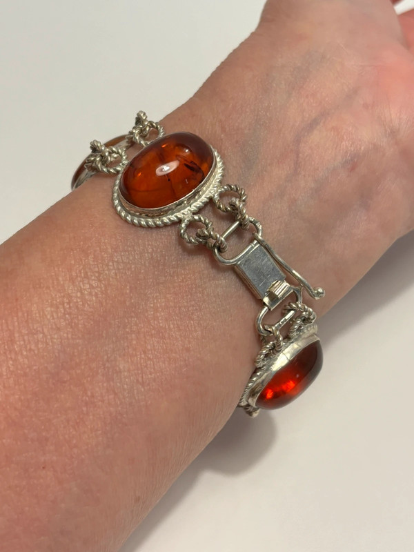 Silver Amber Cabochons Bracelet 7-3/4” 2