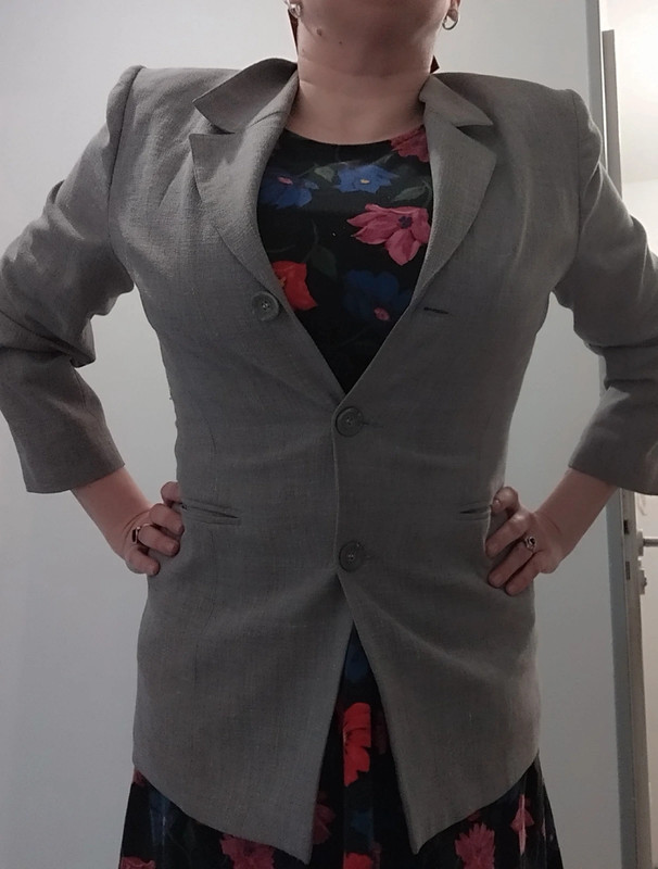 Veste de tailleur longue Camaïeu 42 XL gris vintage rétro lin longue ceintrée 2