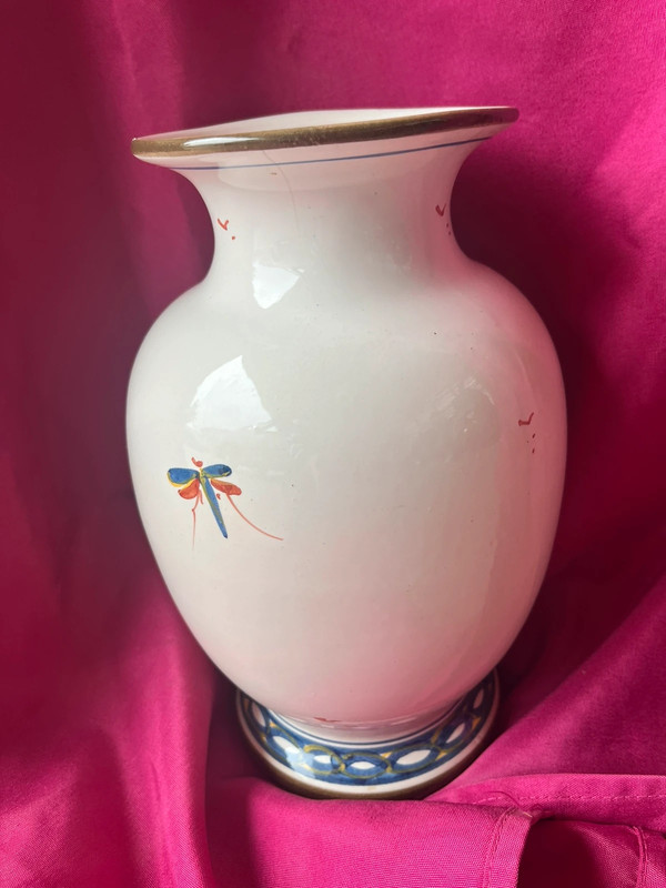 Vase peint à la main faïence vintage fleurs bleu blanc rouge 5