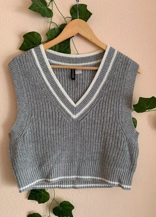Chaleco gris de punto acrílico con detalles en blanco con escote en v marca h&m talla M, marque: H&M, état: Très bon état, taille: M / 38 / 10, 3,00 €, 3,85 € Protection acheteurs incluse