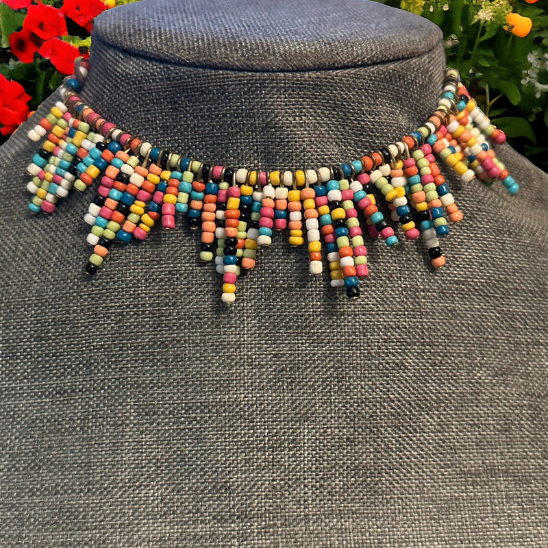Multicolor tribal bead fringe choker necklace 1