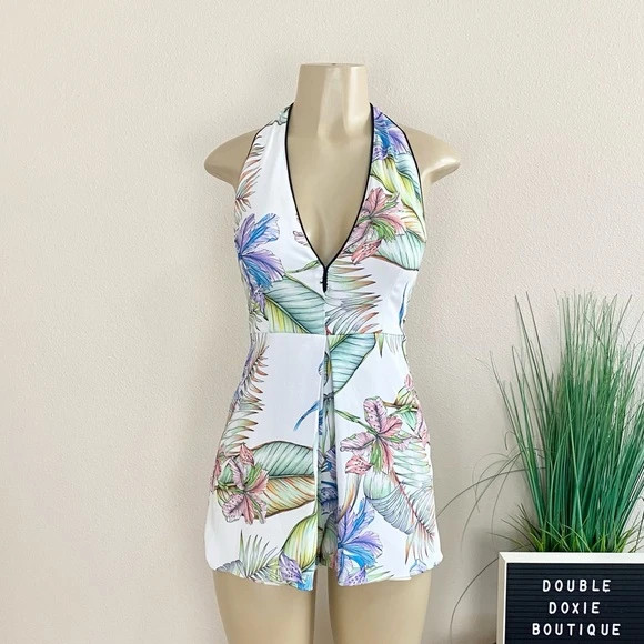 DO + BE | Tropical V-Neck Halter Romper Sz S 1