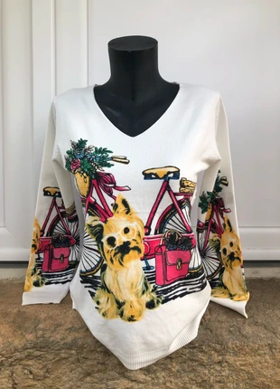 Pull blanc col en V à motif chien et vélo, marque: Damod, état: Très bon état, taille: S / 36 / 8, 35,00 €, 37,45 € Protection acheteurs incluse