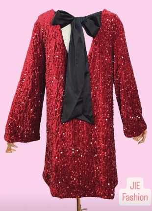 Rode paillettenjurk met strik – JJE Fashion, marque: Glamour, état: Neuf avec étiquette, taille: M / 38 / 10, 26,95 €, 29,00 € Protection acheteurs (Pro) incluse