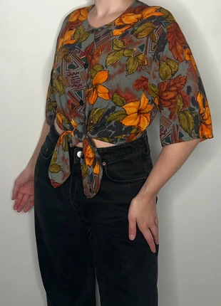 1990s grey orange floral botanic whimsigoth witch goblin hippie western autumn blouse, merk: Vintage, staat: Goed, maat: L / 40 / 12, € 10,00, € 11,20 inclusief Kopersbescherming Pro