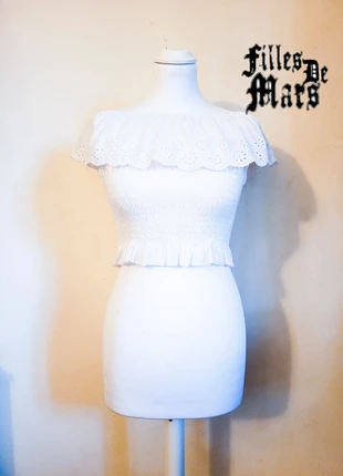 𓊆ℱ𝒟ℳ 𓊇 adorable romantic ruffled cotton sangallo white summery cottagecore girly short top, marque: COQUETTE, état: Très bon état, taille: M / 38 / 10, 5,00 €, 5,95 € Protection acheteurs incluse