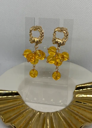 Artistic Amber Yellow Bead Cluster Earrings - Textured Gold Stud Drop | Chic Statement Jewellery, brand: Oliver Bonas, condition: Very good, £7.99, £9.09 includes Buyer Protection Pro