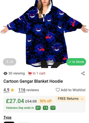 KIDS Gengar Pokemon blanket hoodie, brand: printerval, condition: New with tags, size: One size, £20.00, £21.90 includes Buyer Protection