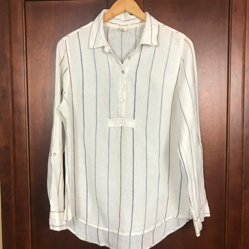 Artisan NY Shirt White Linen Striped Long Sleeve Pullover Top Size M 1