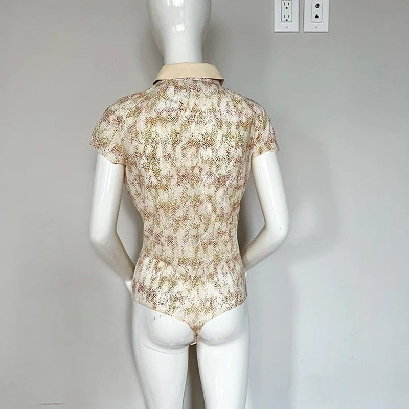 Speckles String Bodysuit Cream Short Sleeve Collared 5