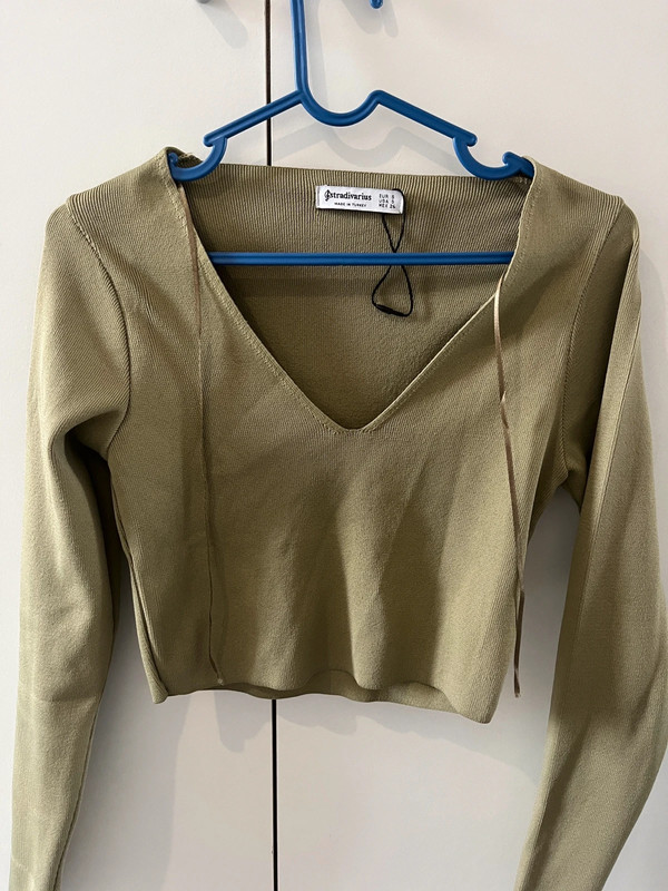 Stradivarius Seamless Olive Green Cropped Long Sleeve Top