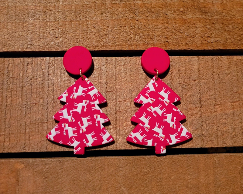 Red & White Reindeer Tree Earrings