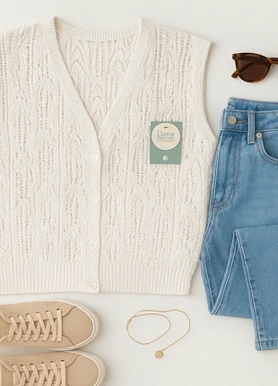 Colete Branco em Malha Rendado – Tamanho M/L, marca: Ideal, estado: Novo com etiquetas, tamanho: M / 38 / 10, €5.00, €5.95 inclui Proteção do Comprador